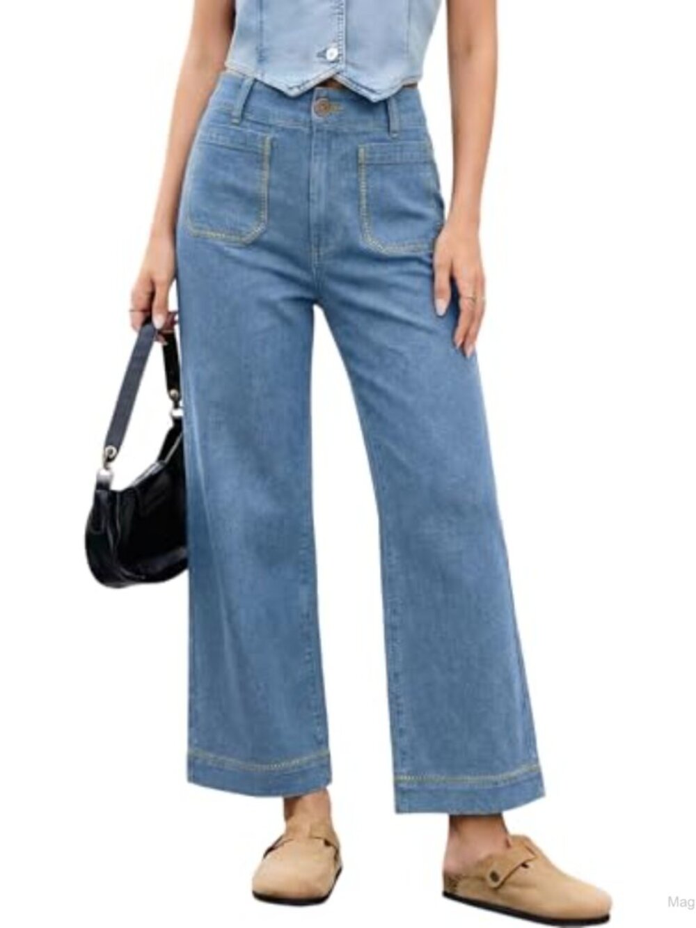 High Waisted Wide Leg Cropped Ankle Jeans Contrast Stitching Stretchy